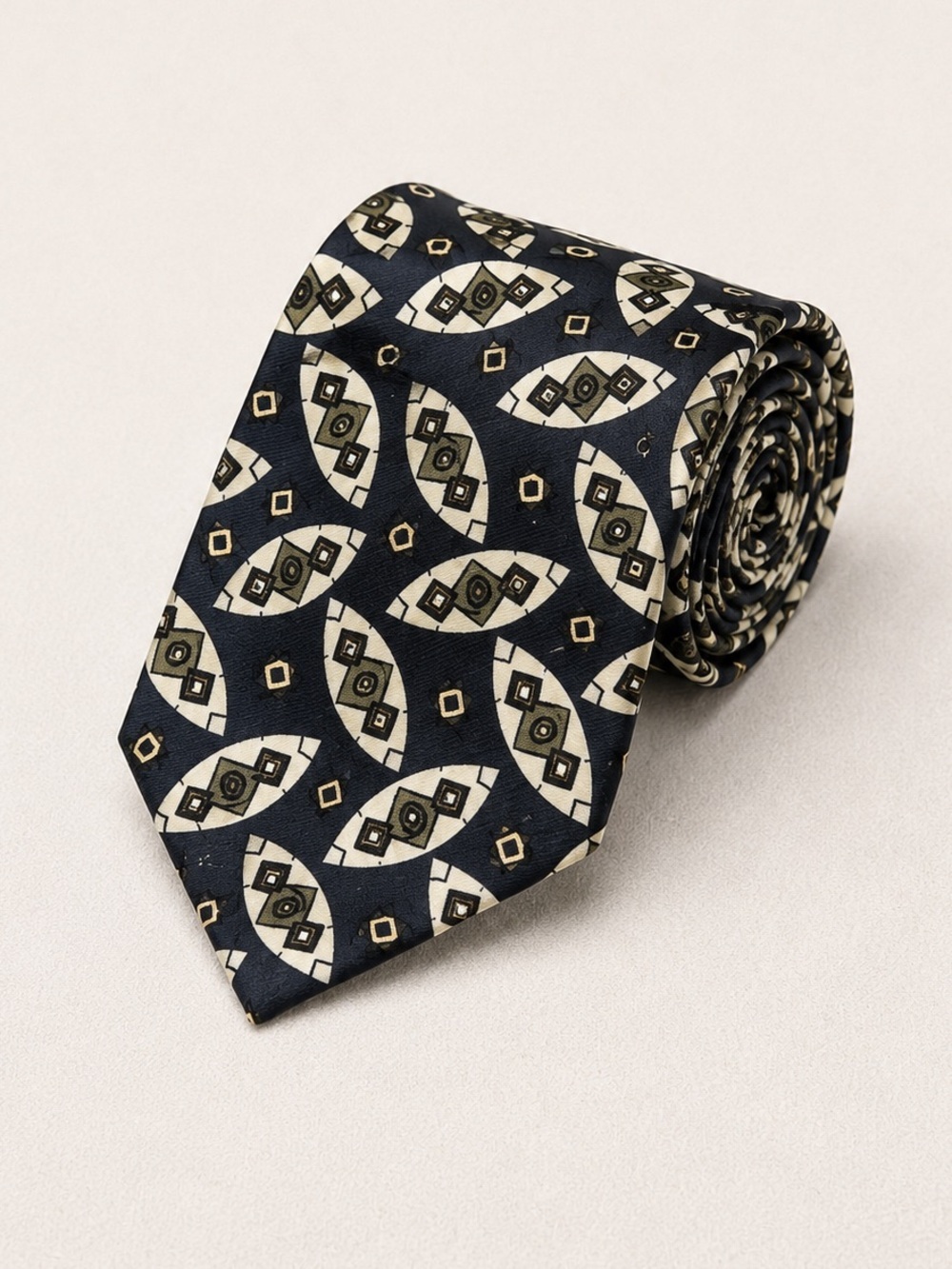 Bill Blass Silk Tie Black Ivory Geometric Abstract Vintage Designer Necktie
